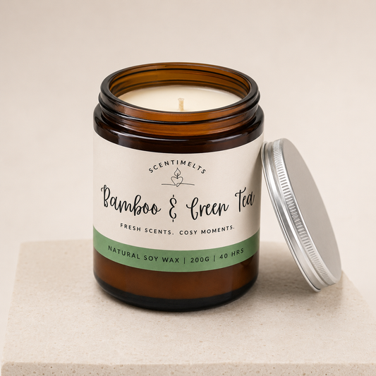 Candle in a glass jar with a label on a beige background
