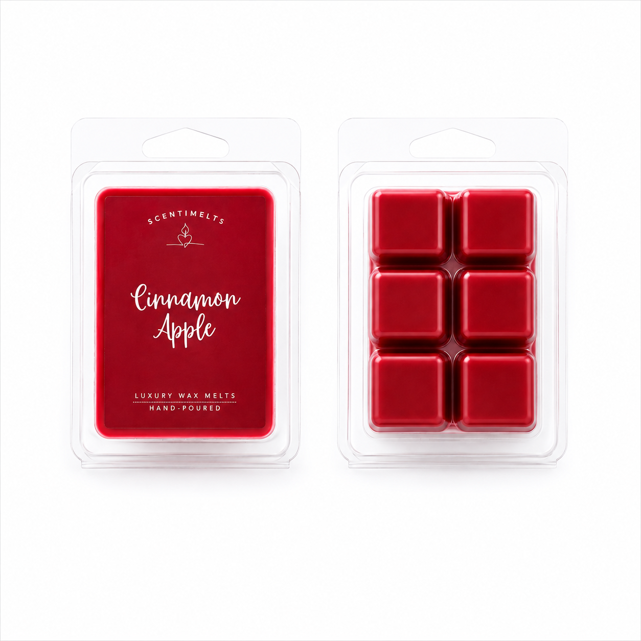 Scentimelts Cinnamon Apple soy wax melt cube in branded packaging