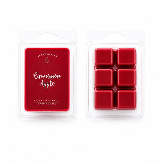 Scentimelts Cinnamon Apple soy wax melt cube in branded packaging