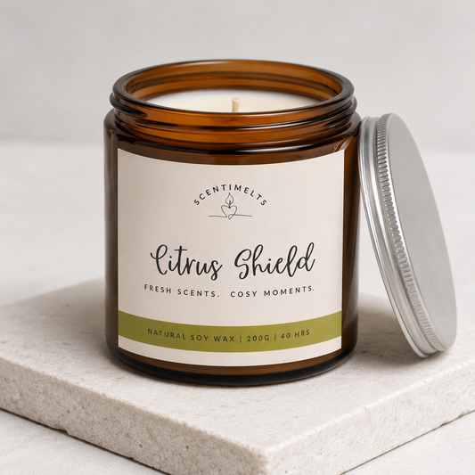 Candle in a glass jar with a label on a light background