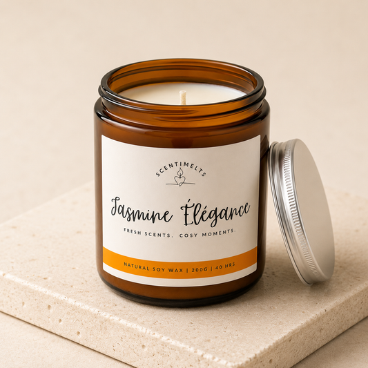 Brown glass candle jar with a white label on a beige surface