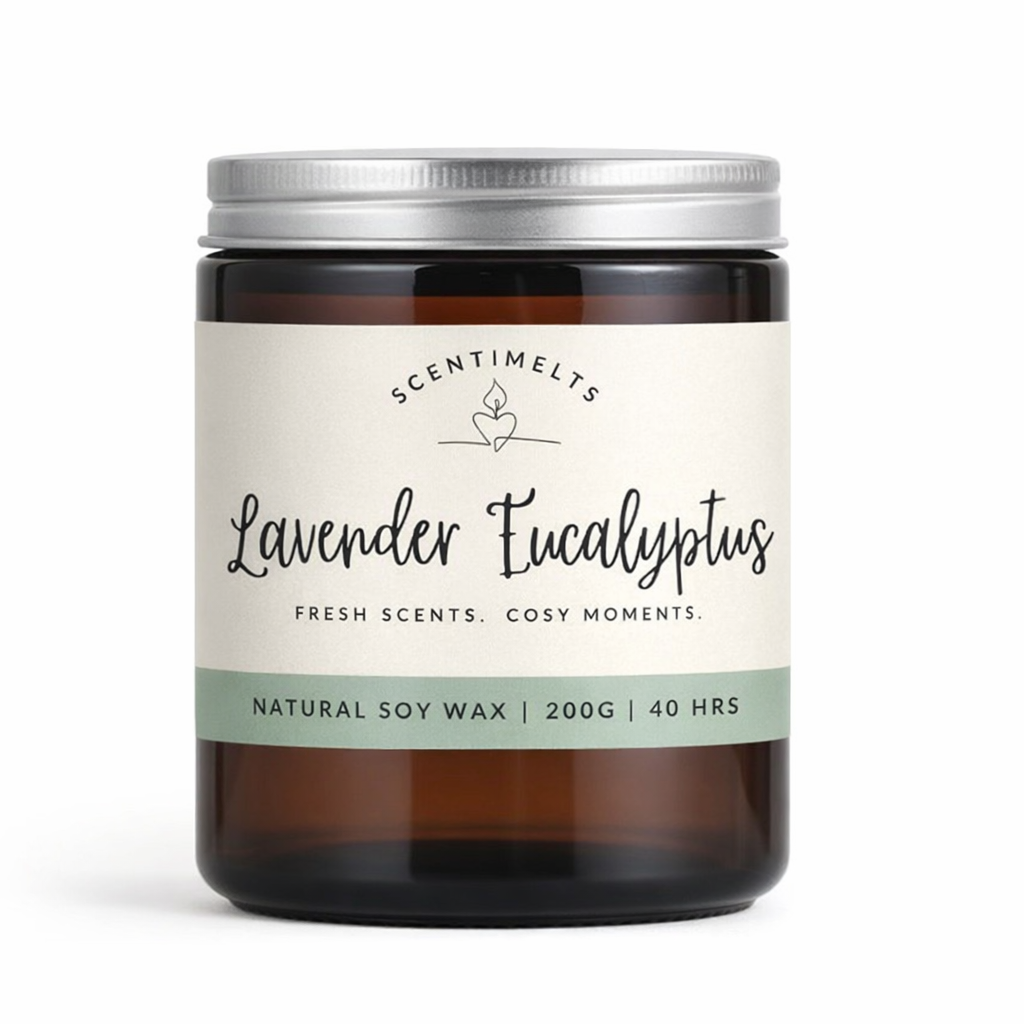 Candle jar labeled 'Lavender Eucalyptus' with a white background