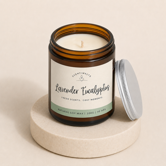 Scentimelts Lavender Eucalyptus candle in an amber jar on a beige background