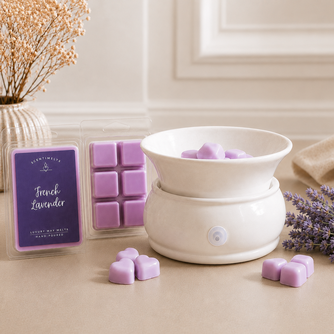 White wax warmer with purple wax melts on a light surface, with packaging and lavender flowers in the background.
