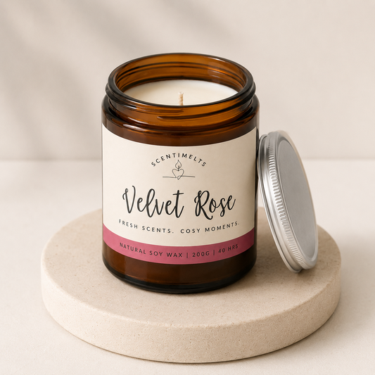 Scentimelts Velvet Rose candle in an amber jar on a beige background