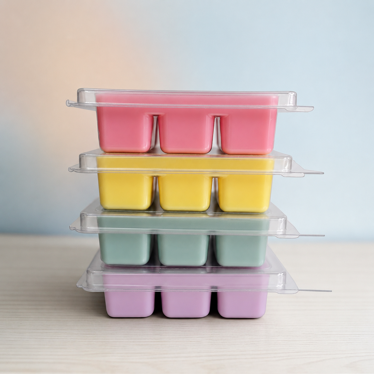 Four stacked clamshell packs of soy wax melts in pink, yellow, sage and lilac