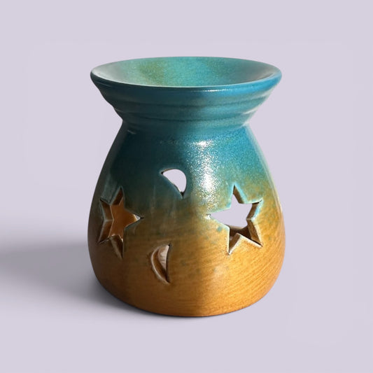 Azure Bloom ceramic tealight burner glazed teal blue fading into warm golden sand