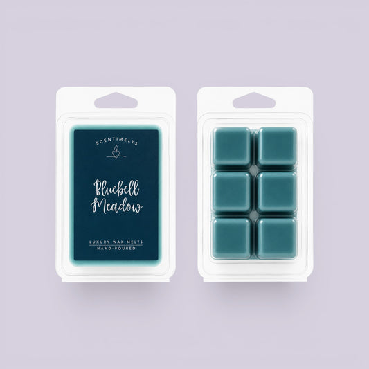 Navy labelled Bluebell Meadow pack alongside six teal soy cubes sealed in a clamshell