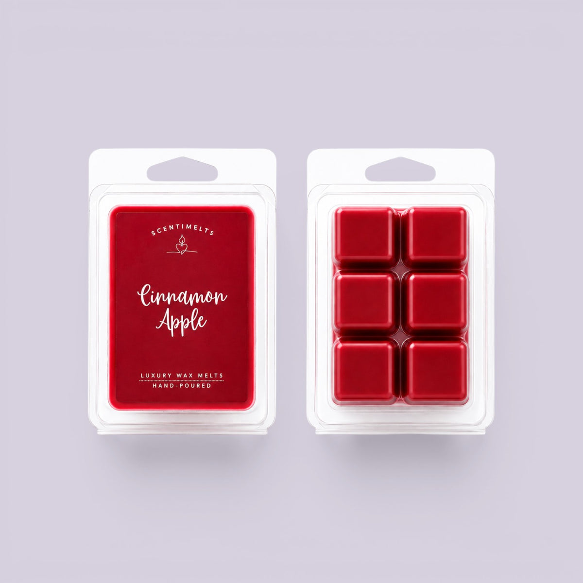 Cinnamon Apple wax melts pack beside its reverse showing six deep red soy cubes