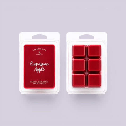 Cinnamon Apple wax melts pack beside its reverse showing six deep red soy cubes