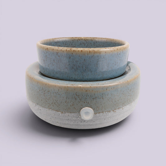 Speckled blue and grey Coastal Blue Electric Warmer, removable dish seated on the heater base