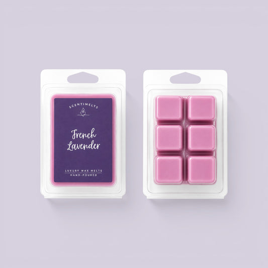 Deep purple French Lavender label beside a pack of six mid-pink wax cubes
