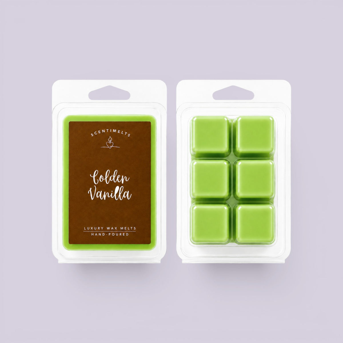 Golden Vanilla pack with brown label, reverse revealing six bright lime green wax cubes