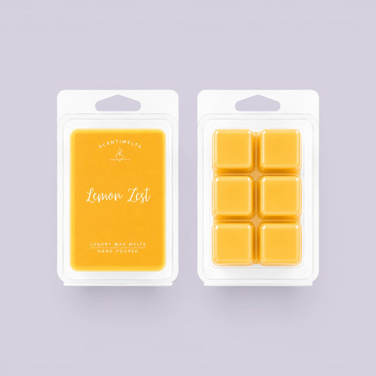 Front and back of a Lemon Zest pack holding six golden yellow easy-break soy cubes