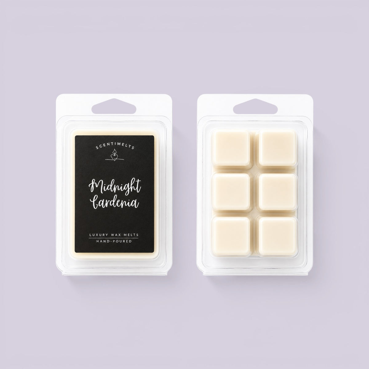 Black Midnight Gardenia label paired with six cream soy wax cubes in clear packaging