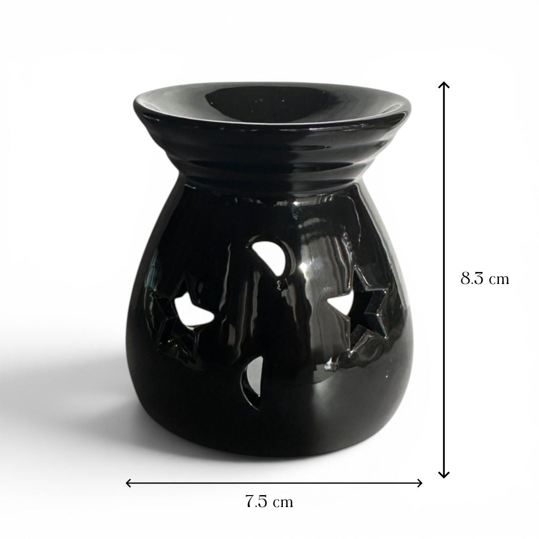 Glossy black Midnight Star burner with dimensions marked 8.3 cm tall, 7.5 cm wide