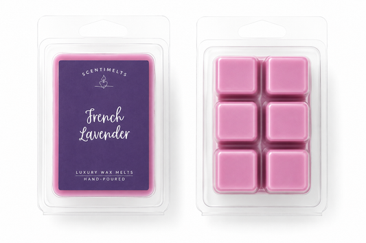 Scentimelts French Lavender soy wax melt clamshell packaging and lavender wax cubes
