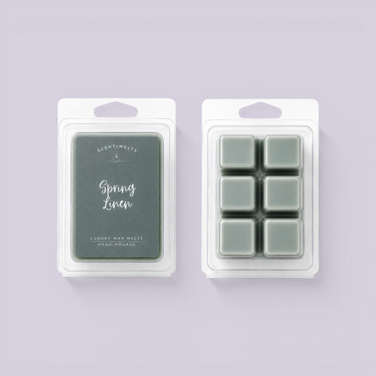 Spring Linen pack with slate grey label and six soft sage green wax cubes