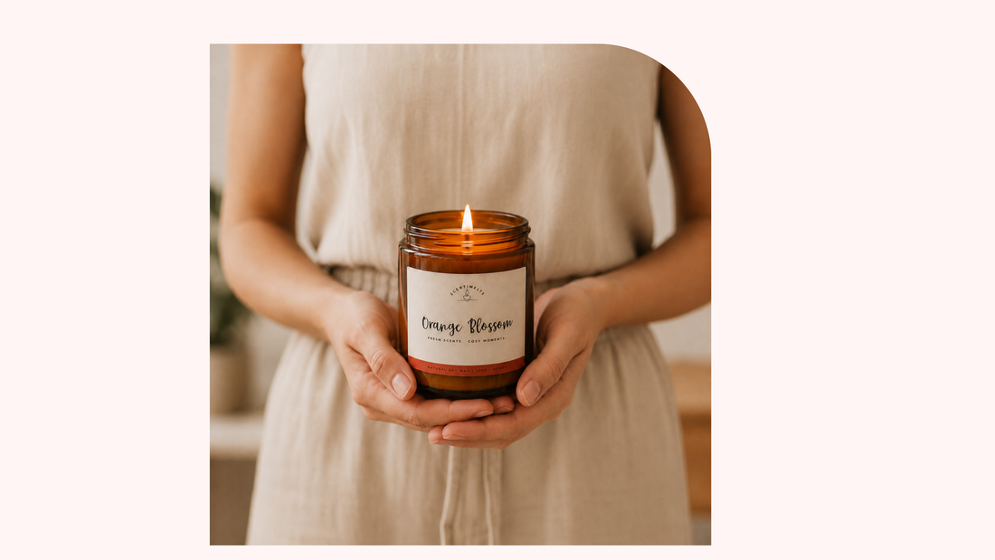 Person holding a Scentimelts Orange Blossom soy candle in an amber jar