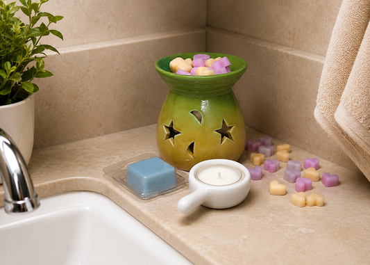 Green and yellow ceramic wax melt burner with star and moon cut-out design