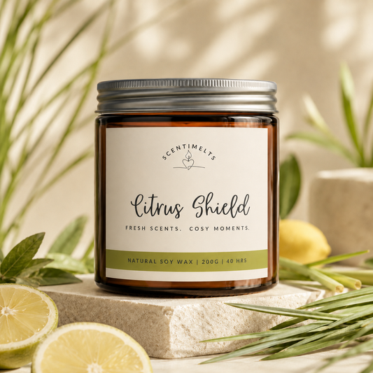 Candle jar labeled 'Citrus Shield' with lemons and greenery on a neutral background