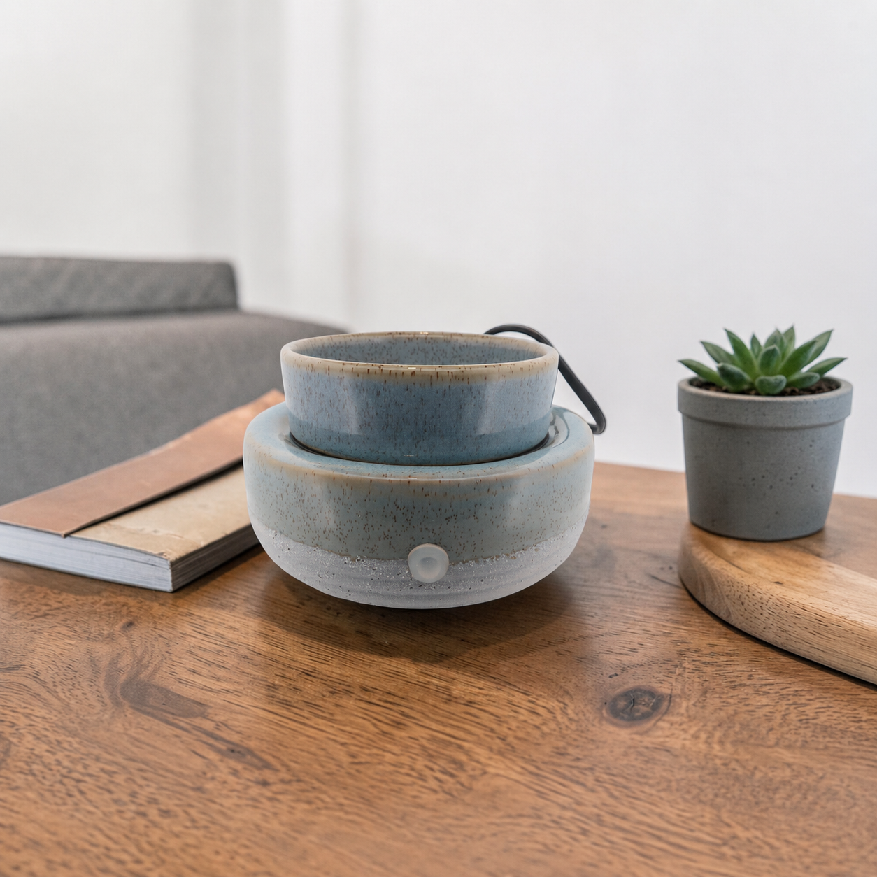 Ceramic bowl and planter on a wooden surface with a minimal background
