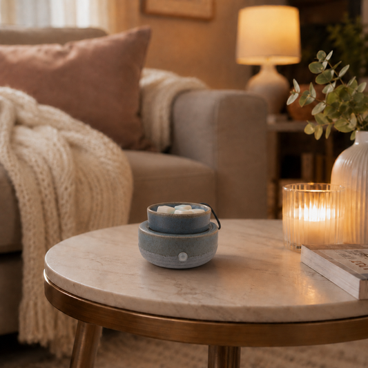 Round wooden coffee table with decorative items in a cozy living room.