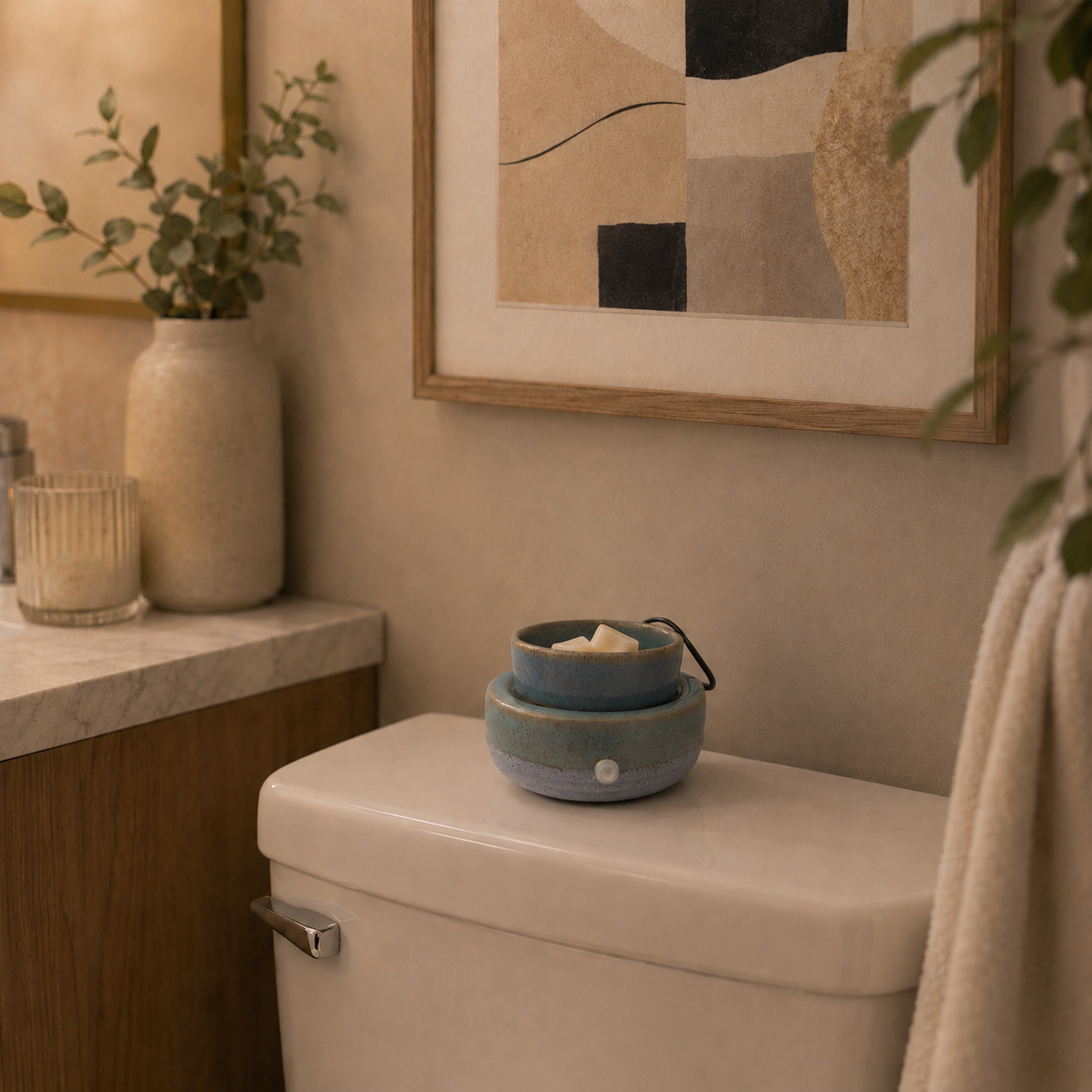 Bathroom setting with a decorative bowl on a toilet tank, framed art on the wall, and a vase with plants.