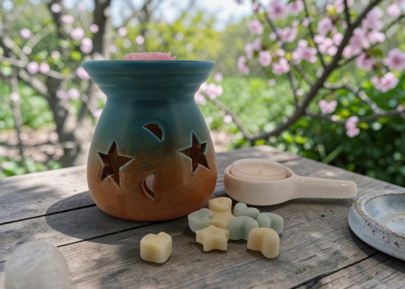 Blue-green gradient ceramic wax melt burner with star and moon cut-outs