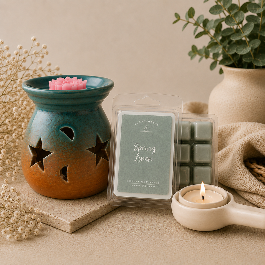 Scentimelts Home Fragrance Ritual Set with the Azure Bloom ceramic burner, Spring Linen wax melts and a tealight holder