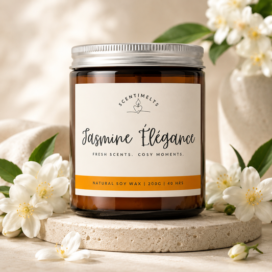 Candle jar labeled 'Jasmine Elegance' with flowers in the background
