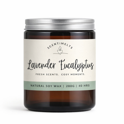 Candle jar labeled 'Lavender Eucalyptus' with a white background