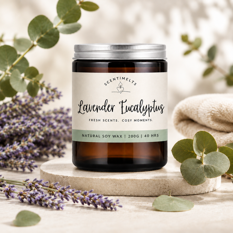 Scentimelts Lavender Eucalyptus candle with lavender and eucalyptus leaves on a neutral background