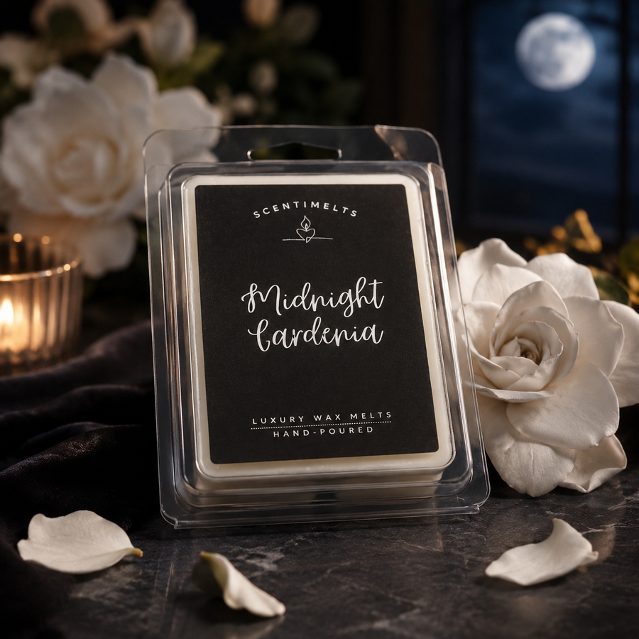 Scentimelts wax melt packaging with 'Midnight Gardenia' on a dark surface with flowers and candles.