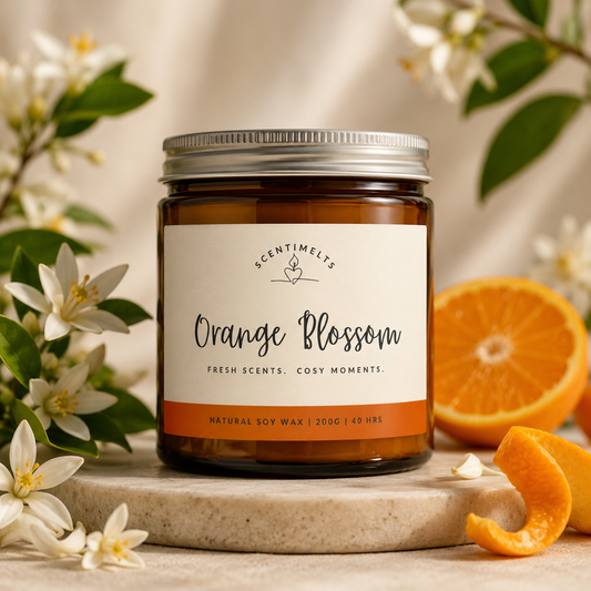 Candle labeled 'Orange Blossom' with flowers and oranges in the background