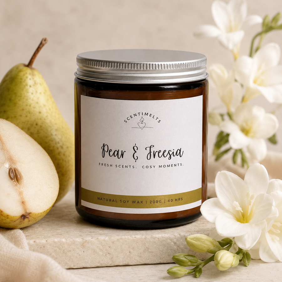 Candle labeled 'Pear & Freesia' with pears and flowers on a neutral background