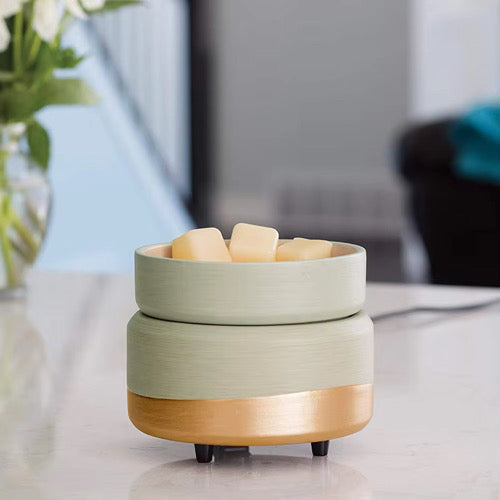 Decorative pot with wooden base on a table, blurred background