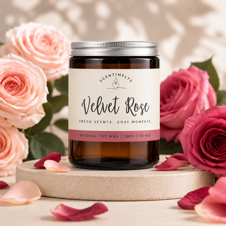 Scentimelts Velvet Rose candle with pink and red roses in the background