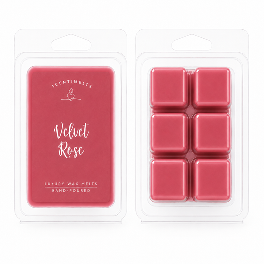 Scentimelts Velvet Rose soy wax melt cube in branded packaging