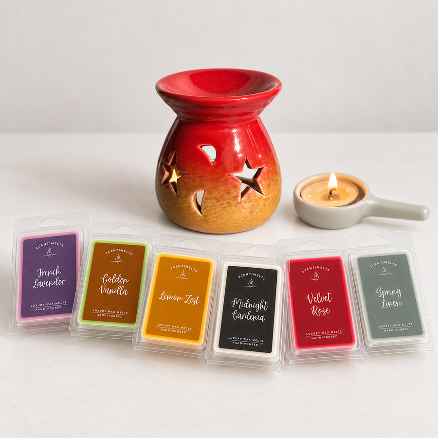 Sunset Red ceramic burner with six Scentimelts wax melt packs and a white tealight holder