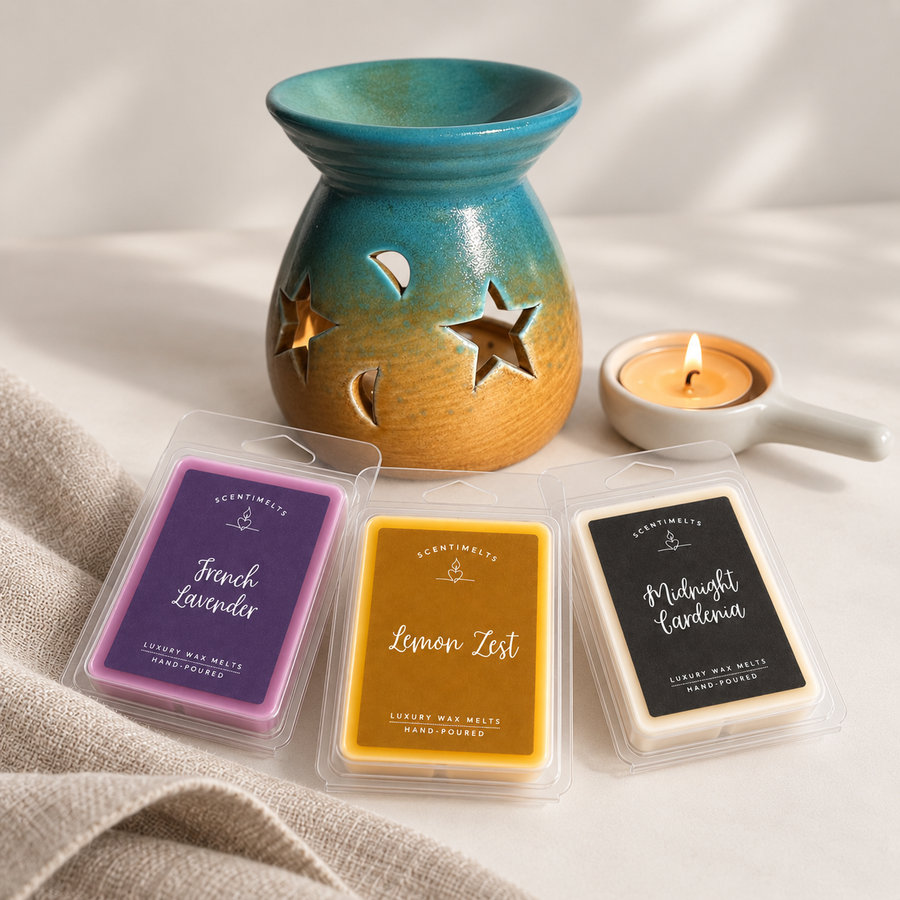 Azure Bloom ceramic burner with three Scentimelts wax melt packs and a white tealight holder