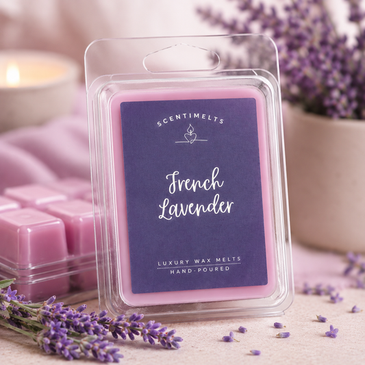 Scentimelts French Lavender wax melts packaging with lavender flowers in the background