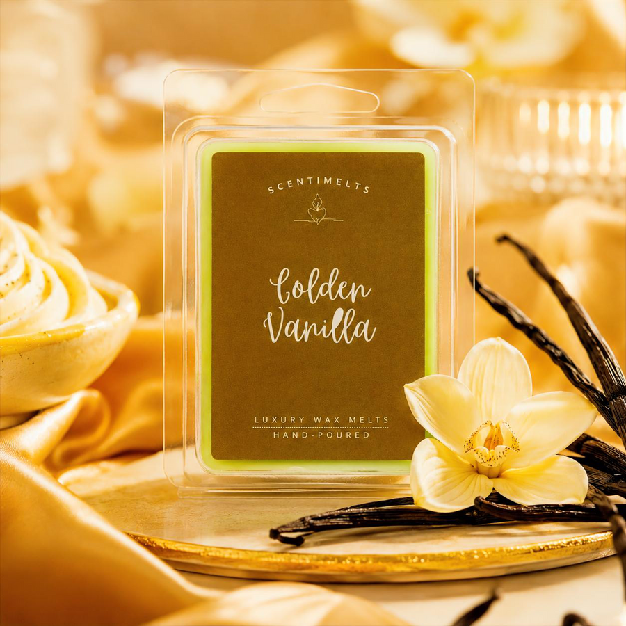 Golden Vanilla luxury wax melts lifestyle flatlay