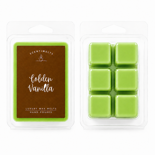 Scentimelts Golden Vanilla wax melts packaging on a white background