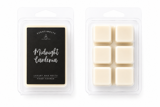 Scentimelts Midnight Gardenia soy wax melt clamshell packaging and cream wax cubes