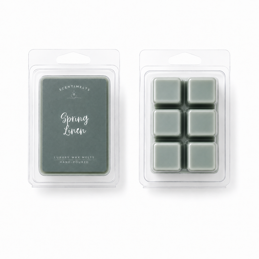 Scentimental wax melts in a packaging with 'Spring Linen' label on a white background