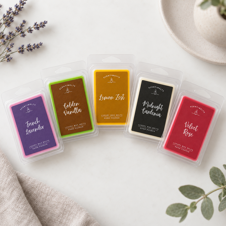 Five Scentimelts soy wax melt packs fanned out, French Lavender, Golden Vanilla, Lemon Zest, Midnight Gardenia and Velvet Rose