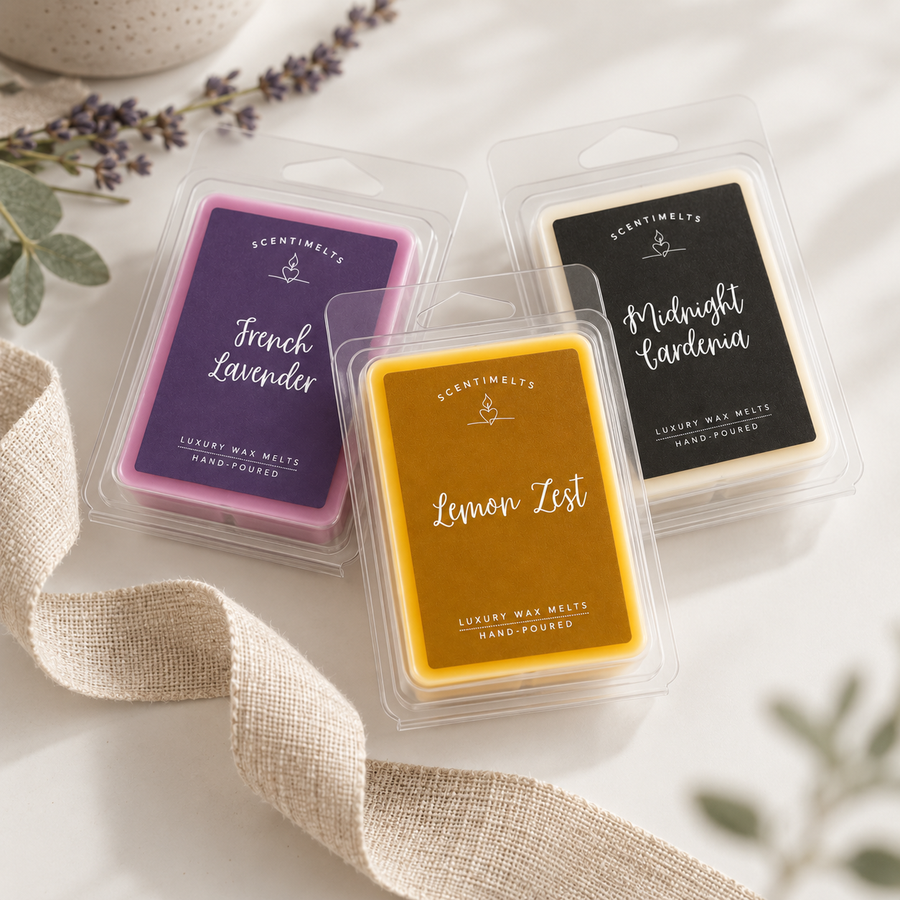Three Scentimelts soy wax melt packs, French Lavender, Lemon Zest and Midnight Gardenia, with dried lavender and linen ribbon